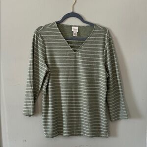 Chicos Olive Striped V-Neck Long Sleeve